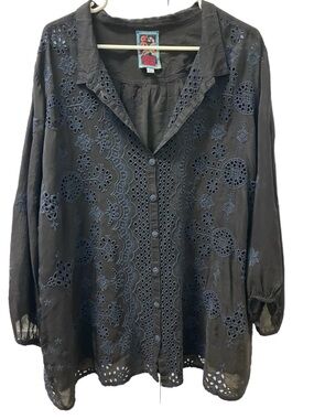 Johnny Was Black Embroidered Eyelet Button-Down Shirt